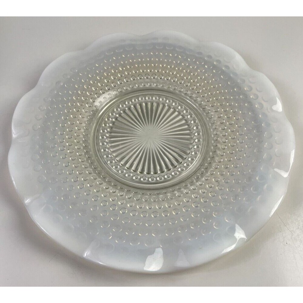 Anchor Hocking Moonstone Hobnail Ruffled Edge Vintage Glass Plate 10.75”